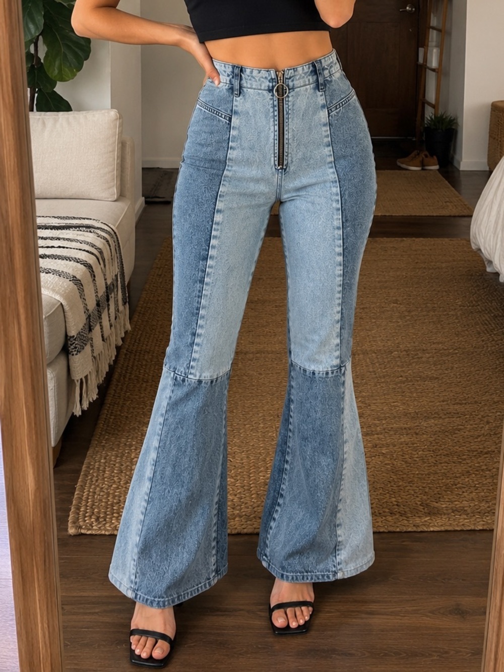 Neon & Nylon Y2K Patchwork Flare Blue Jeans Ring Zip High Rise 29 Boho Festival